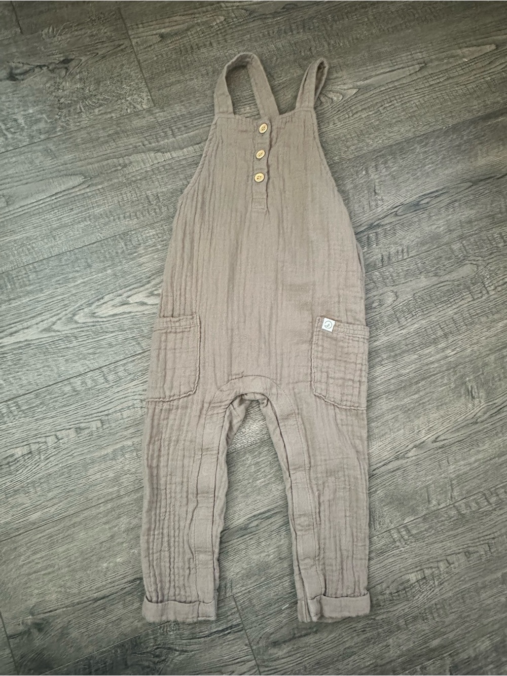 Children's Taupe Cotton Gauze Overalls with Button Straps